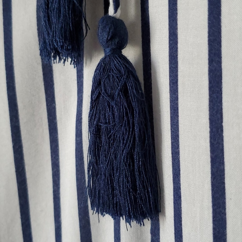 Entro Blue White Stripe Flutter Sleeve Tassel Tie Boho Blouse Top Size S/M - Picture 4 of 6
